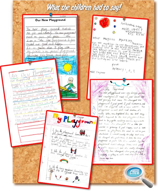 What the children say! Image of a notice board with drawings and letters from children showing appreciation for their new playgrounds.